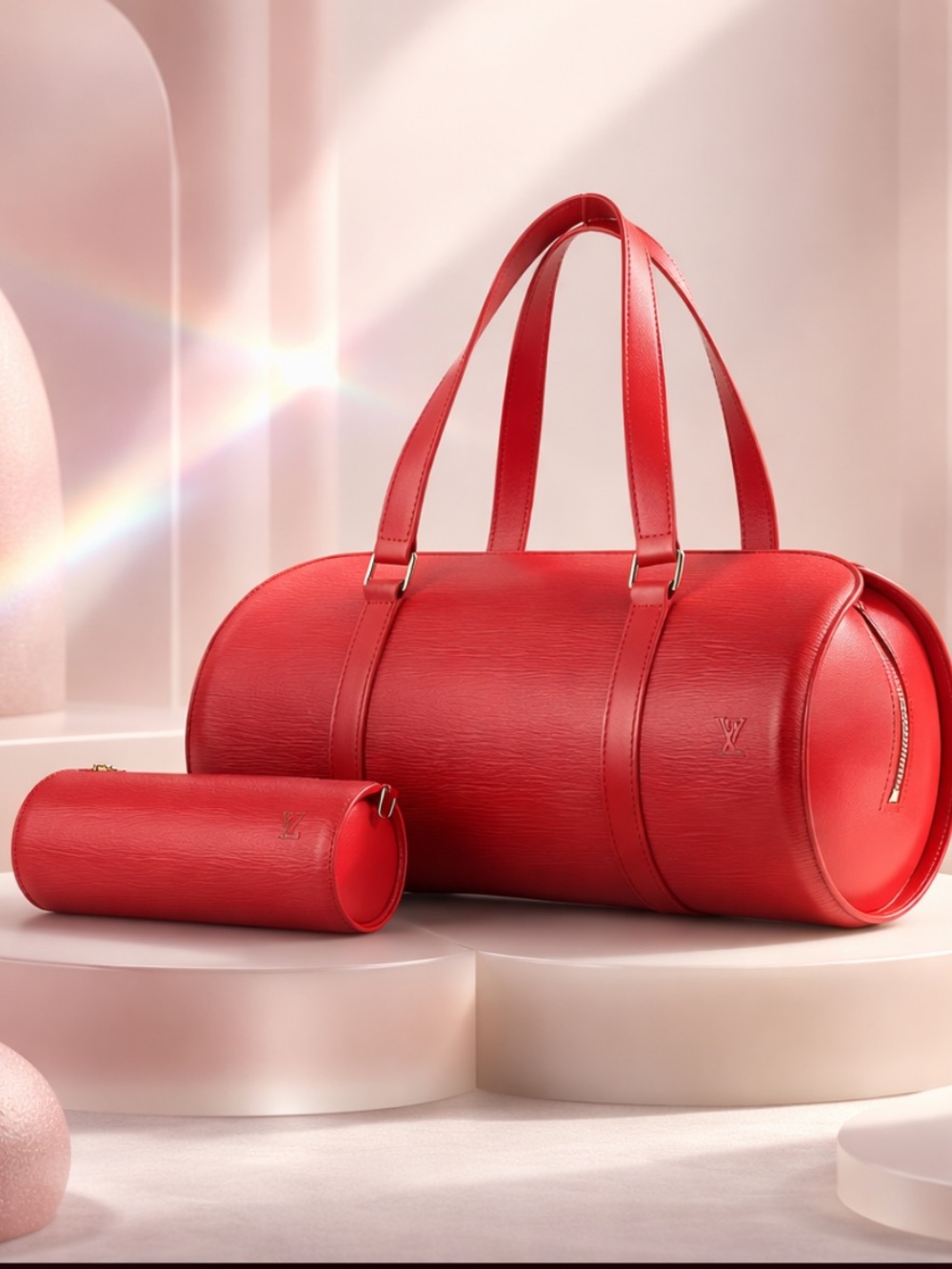 Authentic Louis Vuitton Red Epi Soufflot Handbag With Pouch.